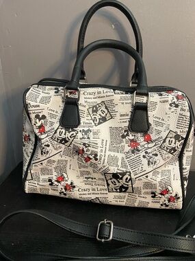 Disney Parks Mickey and Minnie Crazy in love Newspaper Print Satchel Handbag Pur